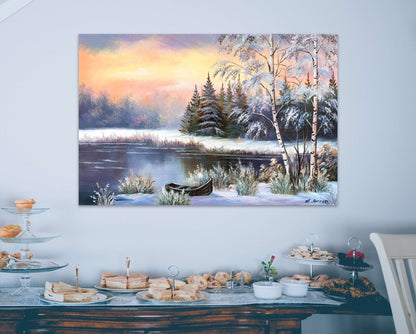 Stunning Winter Snow Sunset Painting, Original Pine Tree Wall Decor, Forest Painting on Canvas, River Wall Art, Winter Nature Oil Painting