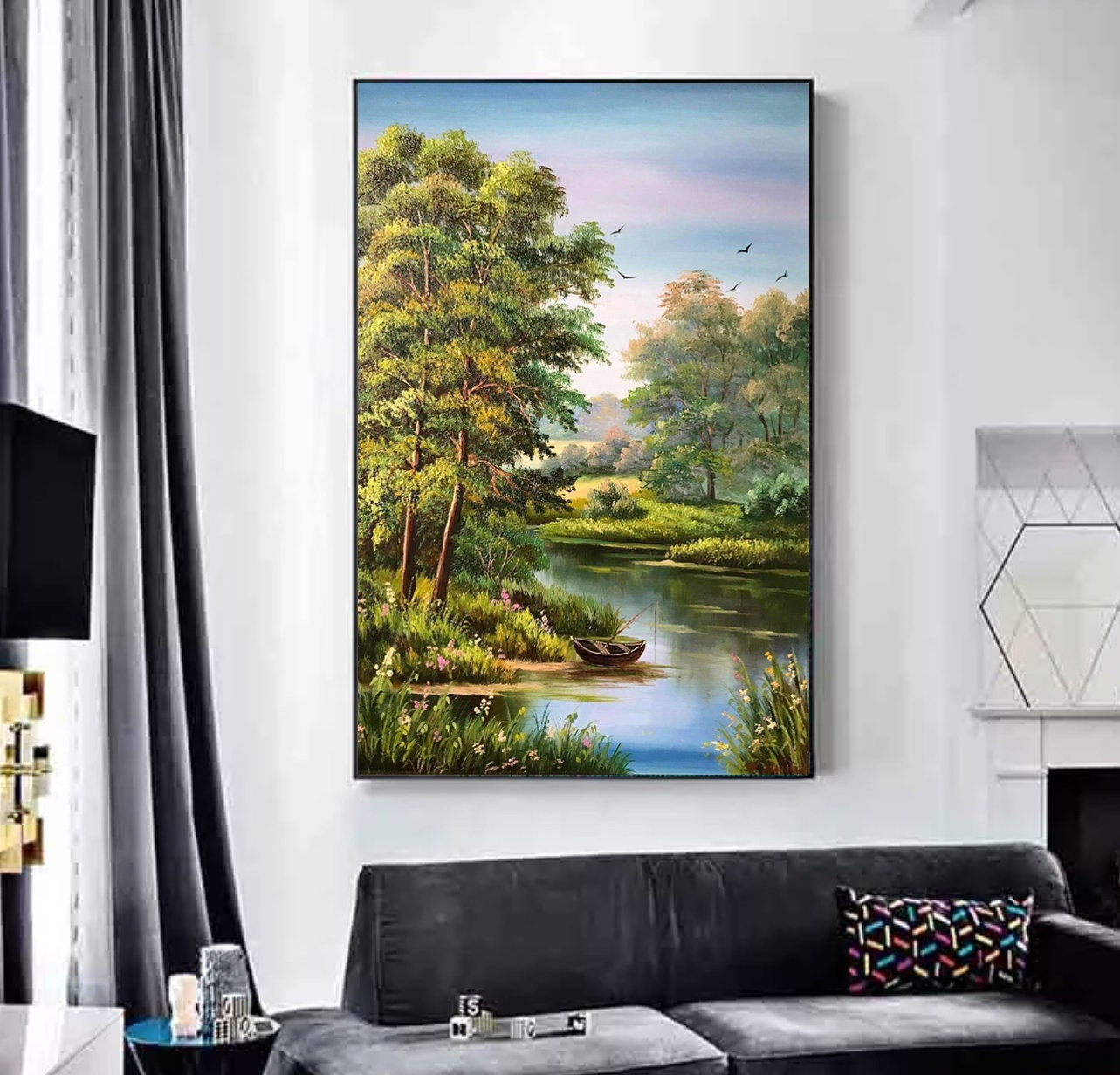 Original Landscape Oil Painting on Canvas Living Room Wall Art Green Forest Artwork River Panorama Wall Art Countryside Nature Oil Painting