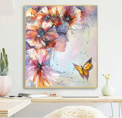 Beautiful Woman with Flowers Painting Flower Head Painting of Young Lady Light Pink Wall Art Woman with Butterflies Painting Woman Face Art