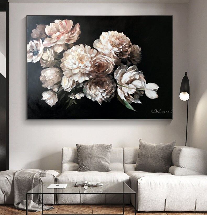 Large Black White Flower Paintings on Canvas White Peonies Oil Painting Original Blooming Floral Art Dark Flower Painting Peony Artwork