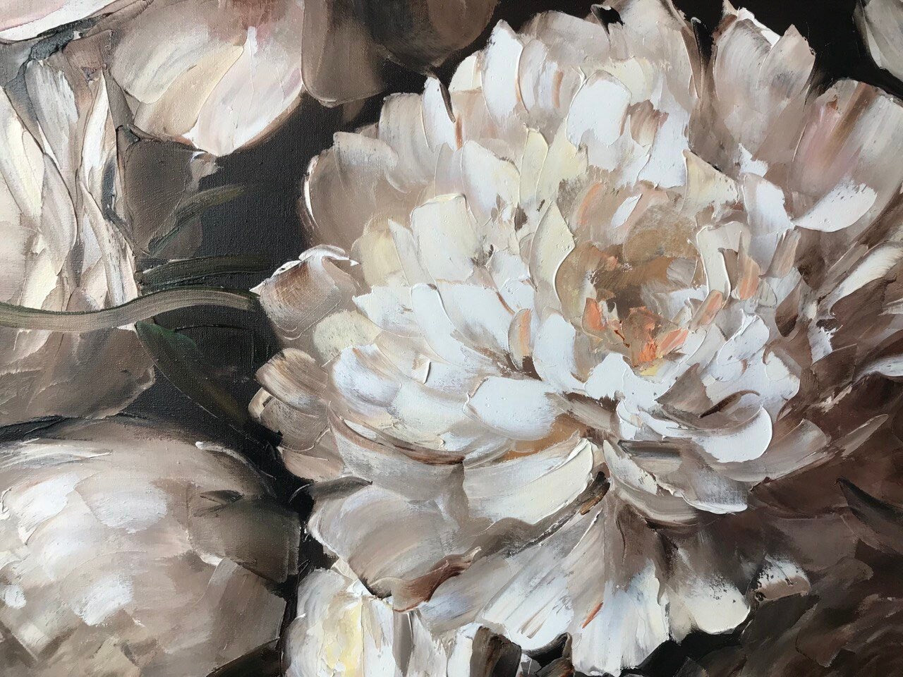 Large Black White Flower Paintings on Canvas White Peonies Oil Painting Original Blooming Floral Art Dark Flower Painting Peony Artwork