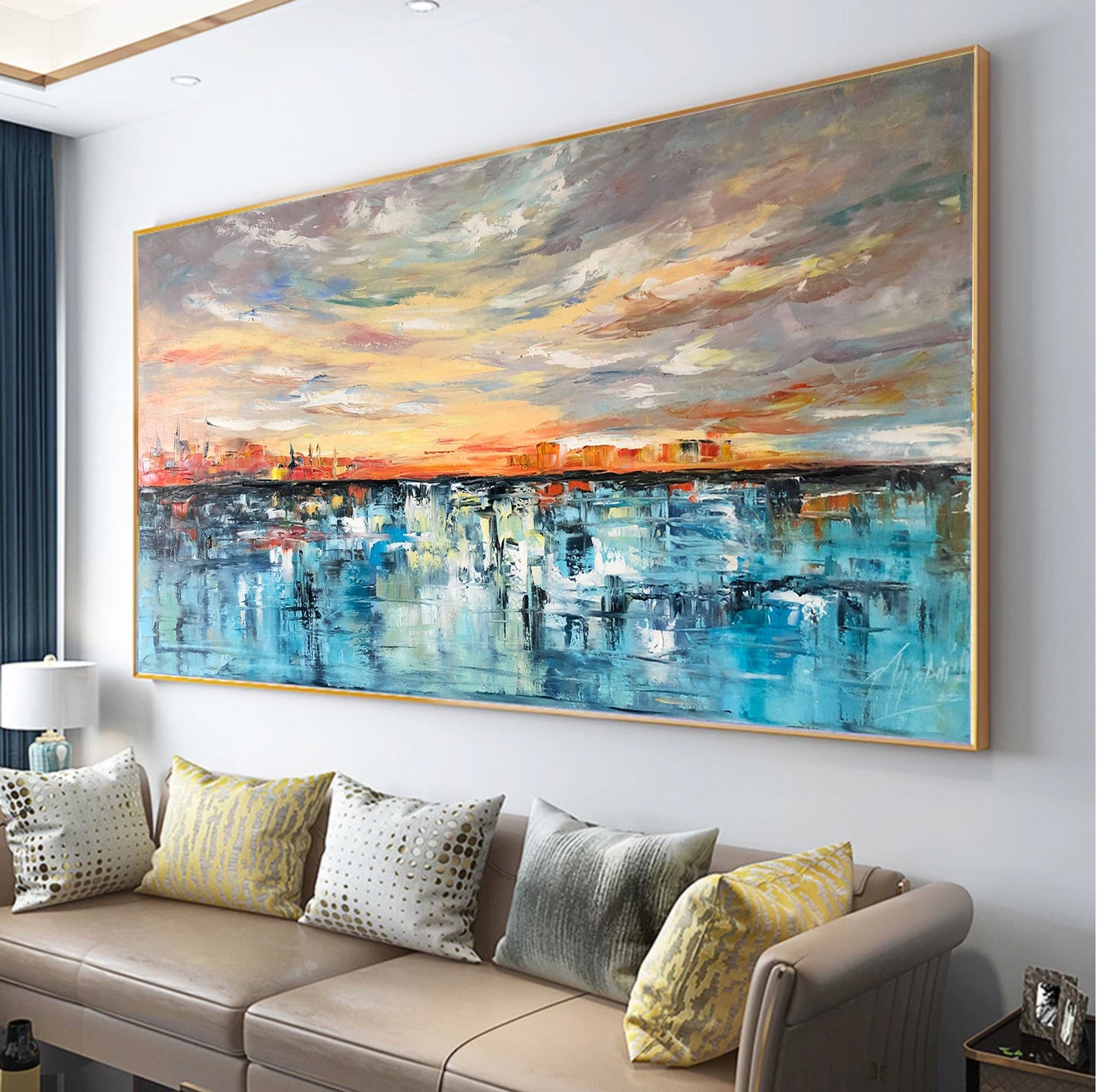 Large Abstract Oil Painting Original Ocean Sunset Wall Art Handmade Long Horizontal Oil Painting Sea Large Yellow and Blue Painting 40x80