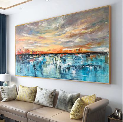 Large Abstract Oil Painting Original Ocean Sunset Wall Art Handmade Long Horizontal Oil Painting Sea Large Yellow and Blue Painting 40x80