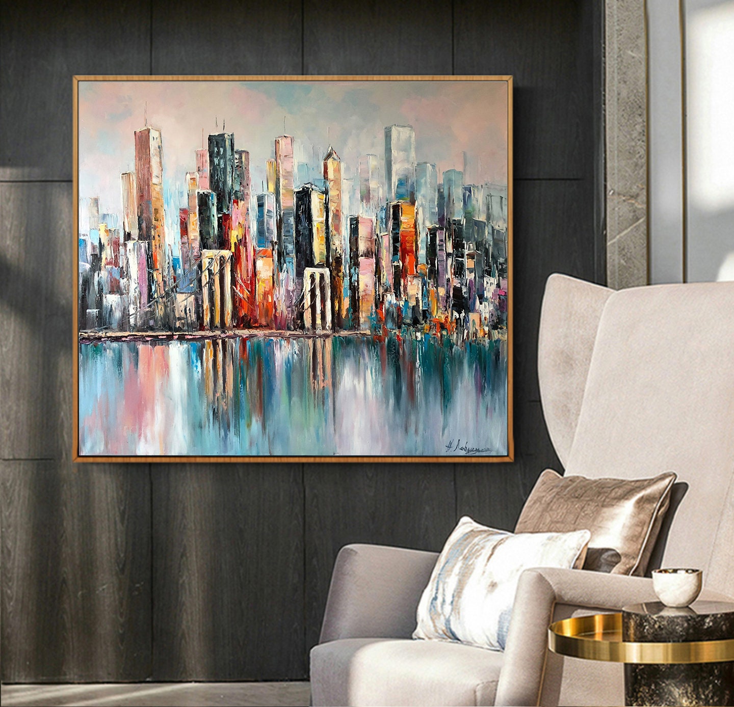 New York City Skyline Abstract Painting Large NYC Framed Wall Art | Manhattan Bridge Urban Landscapes Artwork | City Scapes Art
