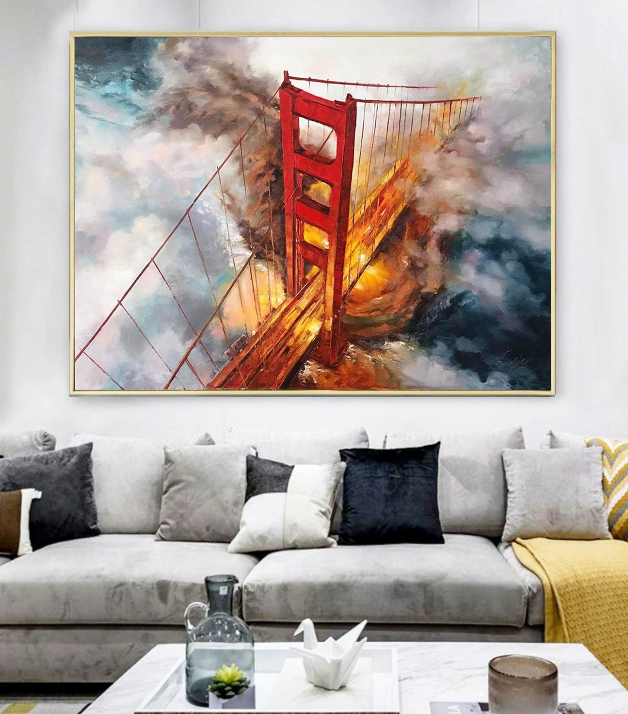 California Painting San Francisco Wall Art Golden Gate Bridge Oil Painting Karl the Fog Bay Area Painting 40x30 Blue Red SF Wall Art