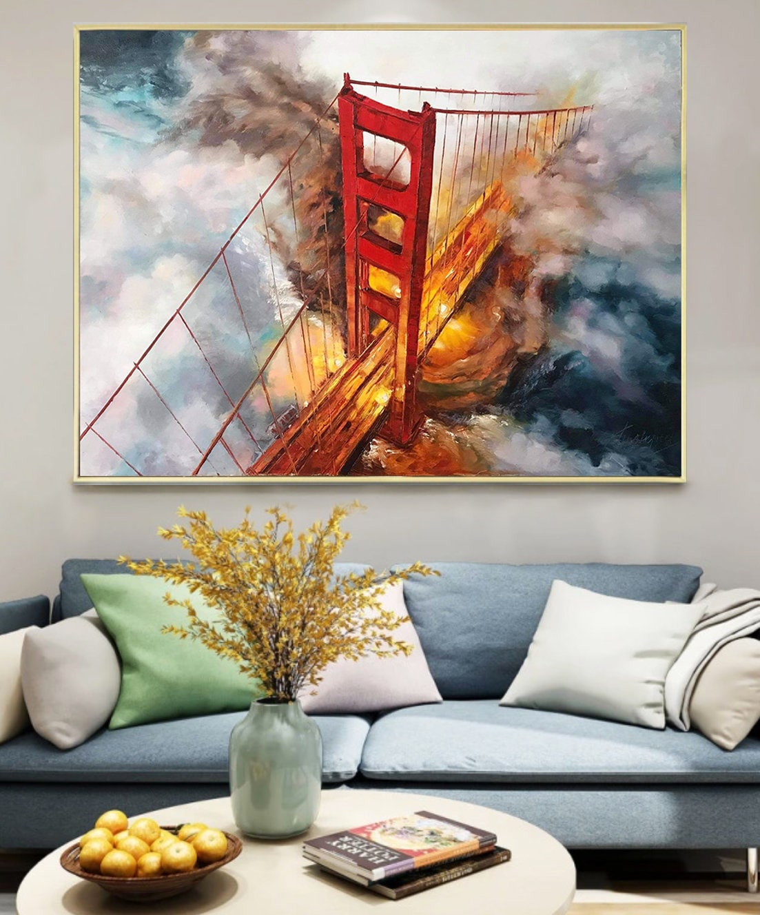 California Painting San Francisco Wall Art Golden Gate Bridge Oil Painting Karl the Fog Bay Area Painting 40x30 Blue Red SF Wall Art