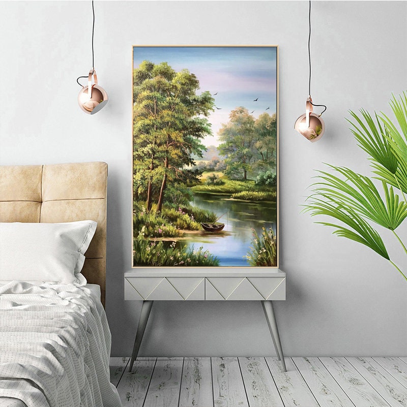 Original Landscape Oil Painting on Canvas Living Room Wall Art Green Forest Artwork River Panorama Wall Art Countryside Nature Oil Painting