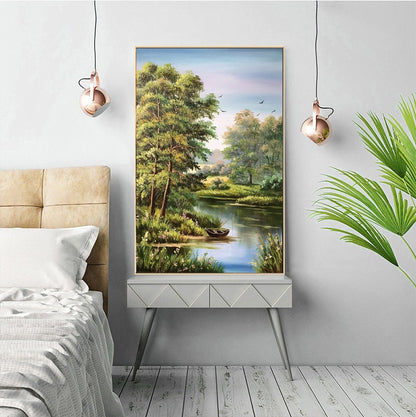 Original Landscape Oil Painting on Canvas Living Room Wall Art Green Forest Artwork River Panorama Wall Art Countryside Nature Oil Painting