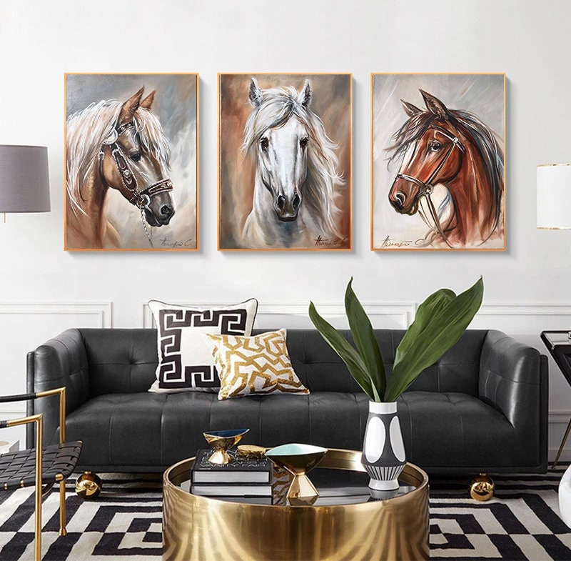 Original Horses Wall Art, Set of 3 Paintings, Horse Art, Animal Portrait, White Horse Canvas, Brown Horse Head Oil Painting, 3 Painting Set