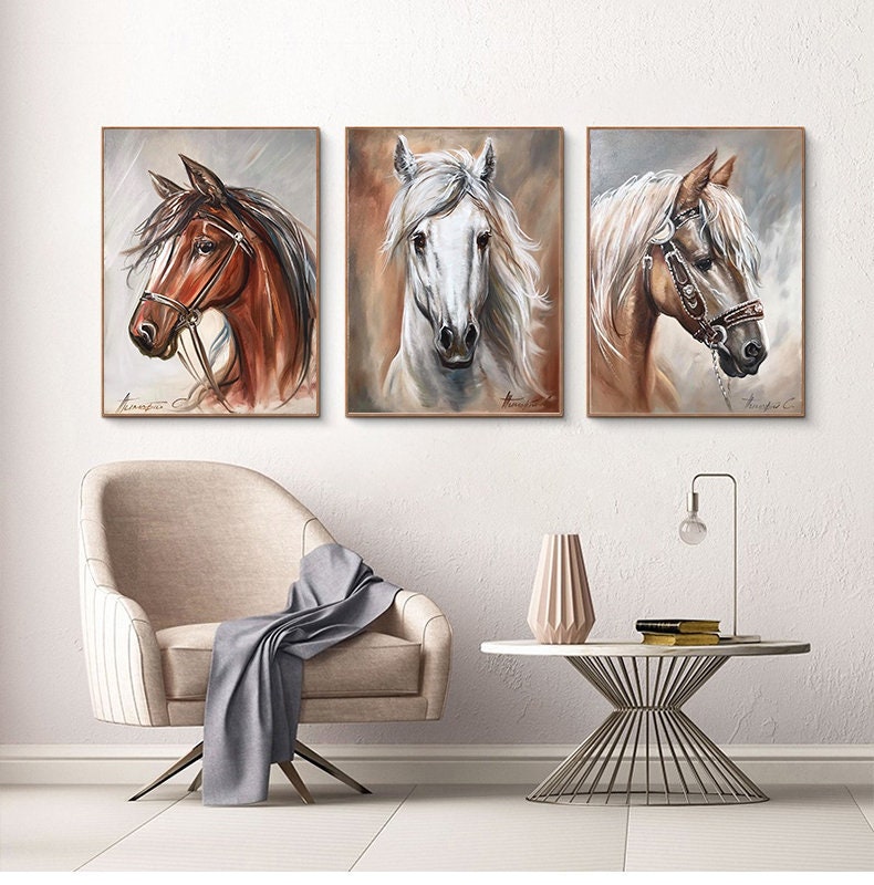 Original Horses Wall Art, Set of 3 Paintings, Horse Art, Animal Portrait, White Horse Canvas, Brown Horse Head Oil Painting, 3 Painting Set