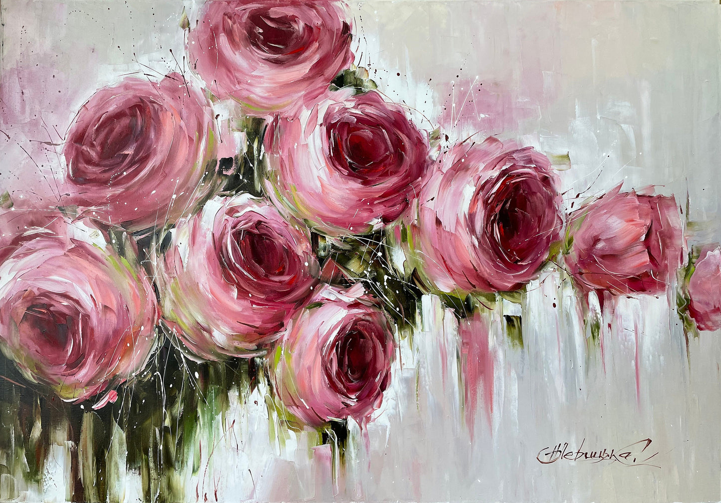 Large Pink Roses Oil Painting Original Hand Painted Rose Flower Canvas Wall Art | Oversized Abstract Romantic Rose Painting 64x48