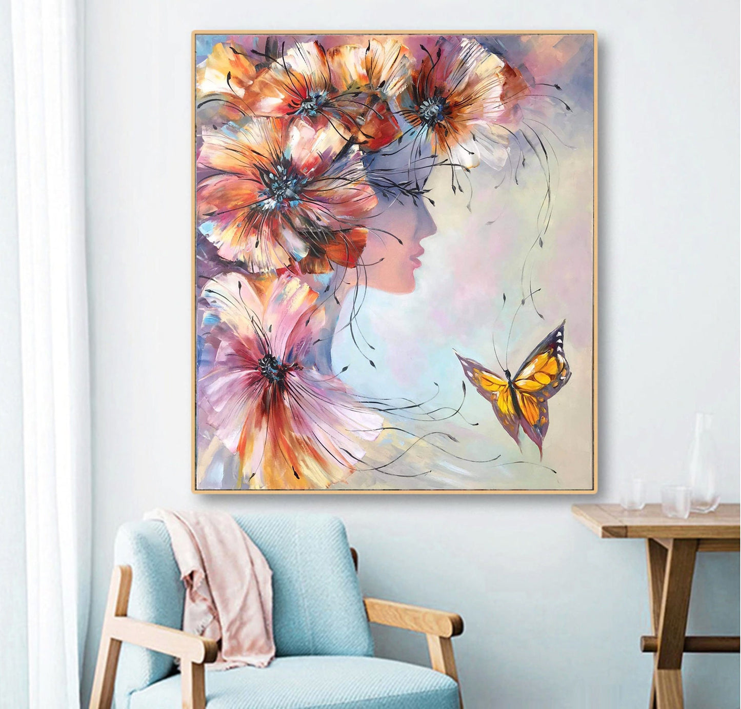 Beautiful Woman with Flowers Painting Flower Head Painting of Young Lady Light Pink Wall Art Woman with Butterflies Painting Woman Face Art