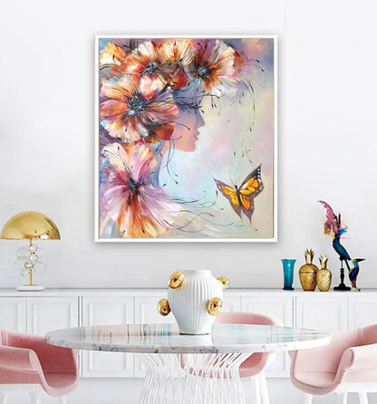 Beautiful Woman with Flowers Painting Flower Head Painting of Young Lady Light Pink Wall Art Woman with Butterflies Painting Woman Face Art