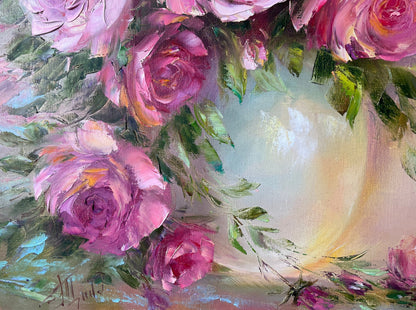 Pink Roses Oil Painting Original Flowers in a Vase Painting Classic Wall Art Pink Flowers Art Roses Bouquet Oil Painting Art Gift For Her