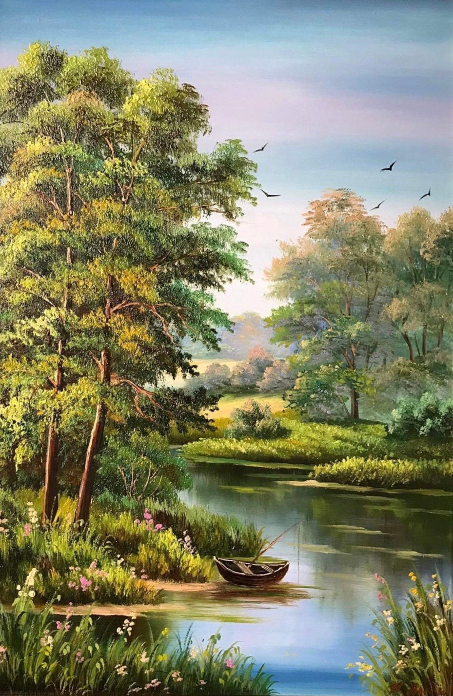 Original Landscape Oil Painting on Canvas Living Room Wall Art Green Forest Artwork River Panorama Wall Art Countryside Nature Oil Painting