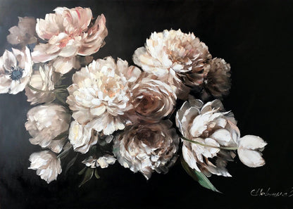 Large Black White Flower Paintings on Canvas White Peonies Oil Painting Original Blooming Floral Art Dark Flower Painting Peony Artwork