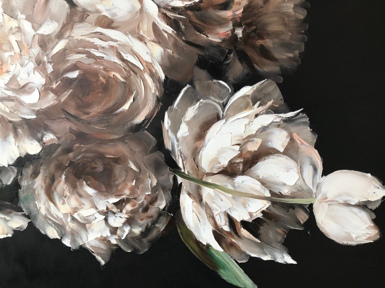 Large Black White Flower Paintings on Canvas White Peonies Oil Painting Original Blooming Floral Art Dark Flower Painting Peony Artwork