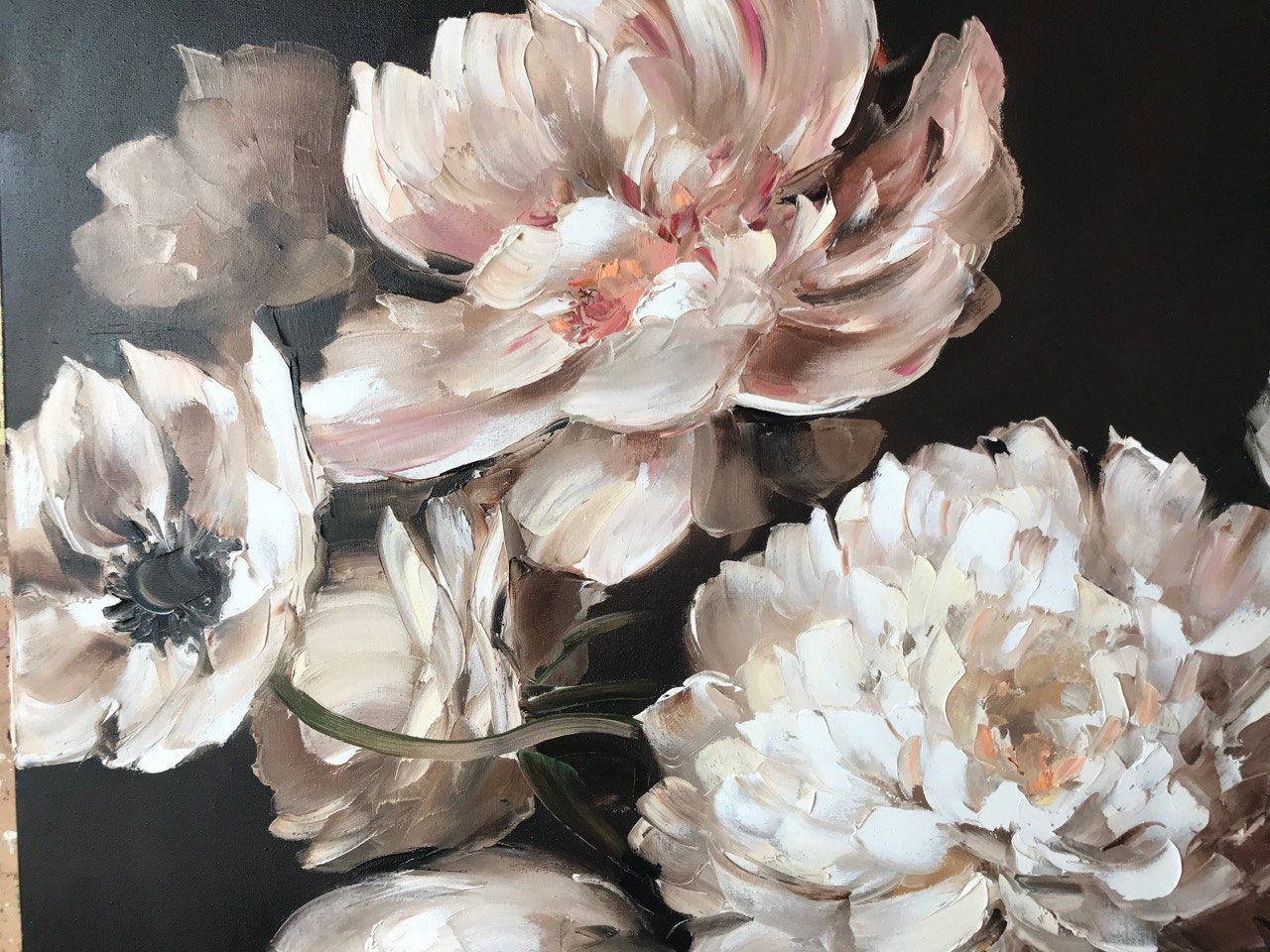 Large Black White Flower Paintings on Canvas White Peonies Oil Painting Original Blooming Floral Art Dark Flower Painting Peony Artwork