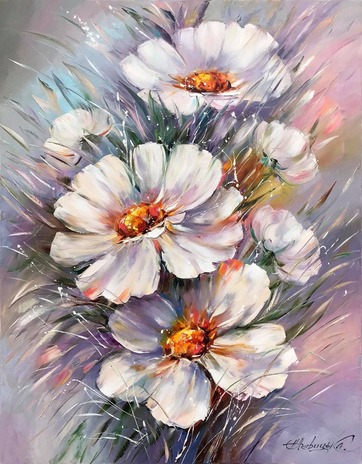 White Daisies Oil Painting Original Abstract Large Canvas Wild Flowers Wall Art Gerbera Daisy Gift Pink Purple Modern Floral Painting 36x48