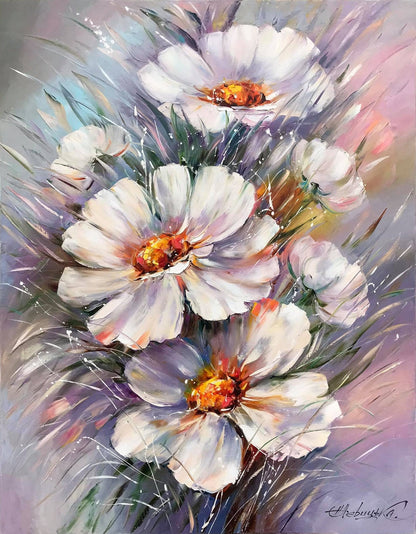 White Daisies Oil Painting Original Abstract Large Canvas Wild Flowers Wall Art Gerbera Daisy Gift Pink Purple Modern Floral Painting 36x48