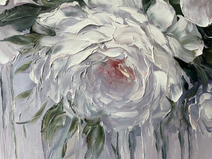 Abstract Flower Oil Painting, Large Floral Wall Art, Living Room Beige Flowers Home Decor, Big White Roses Painting on Canvas, Wild Rose Art