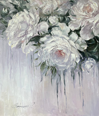 Abstract Flower Oil Painting, Large Floral Wall Art, Living Room Beige Flowers Home Decor, Big White Roses Painting on Canvas, Wild Rose Art