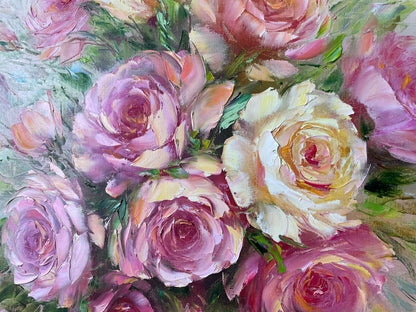 Pink Roses Oil Painting Original Flowers in a Vase Painting Classic Wall Art Pink Flowers Art Roses Bouquet Oil Painting Art Gift For Her