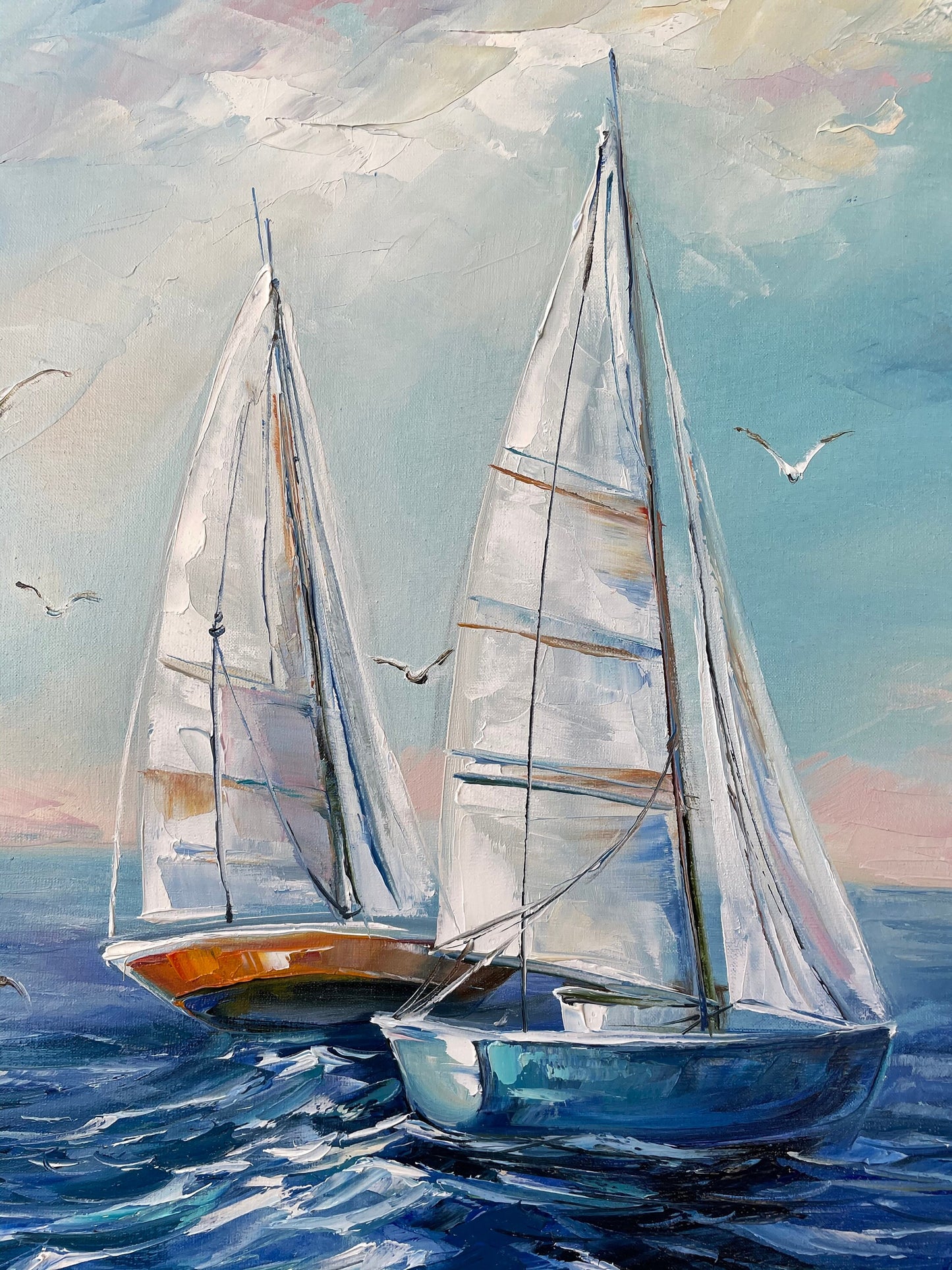 Sailboat Painting Blue Ocean Oil Painting on Canvas Original Ship Art Seascape White Blue Painting Nautical Painting Sailing Boat Wall Art