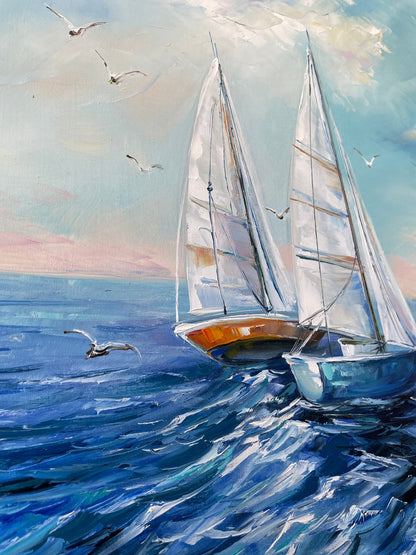 Sailboat Painting Blue Ocean Oil Painting on Canvas Original Ship Art Seascape White Blue Painting Nautical Painting Sailing Boat Wall Art