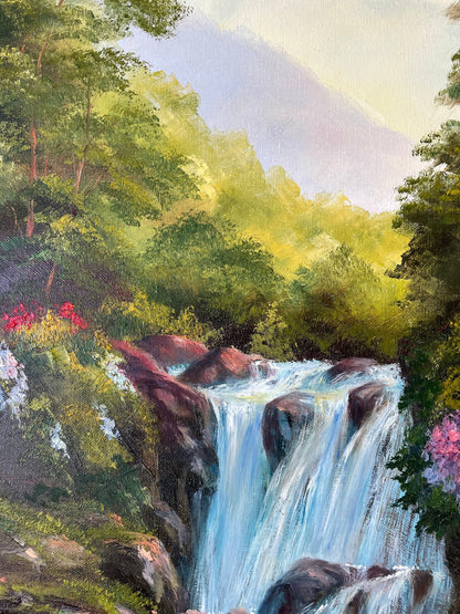 Tropical Waterfall Original Painting on Canvas Landscape Wall Art 100% Hand Painted Oil Painting Framed Forest Art Decor Paradise Painting