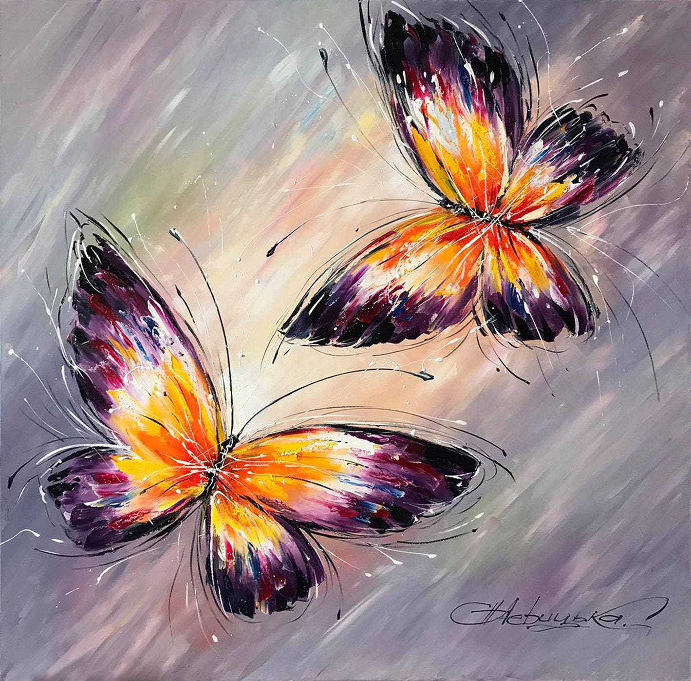 Abstract Butterfly Painting on Canvas Original Butterfly Wall Art Purple Butterfly Art Large Artwork Framed Butterfly Oil Painting