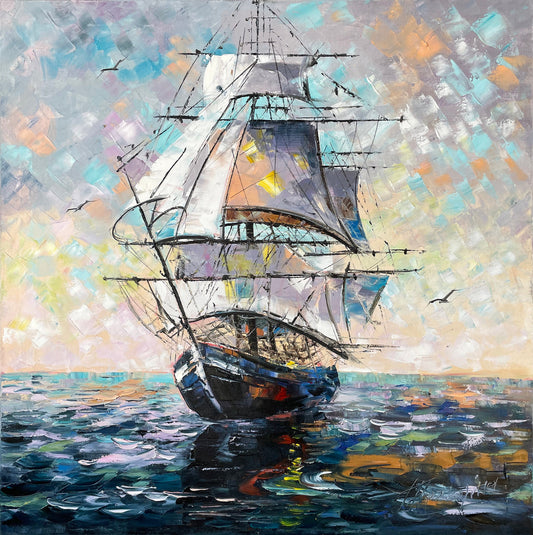 Abstract Ship Oil Painting Original Large Sailing Wall Art Sail Boat Abstract Painting on Canvas Modern Large Blue Seascape 36x36 Painting