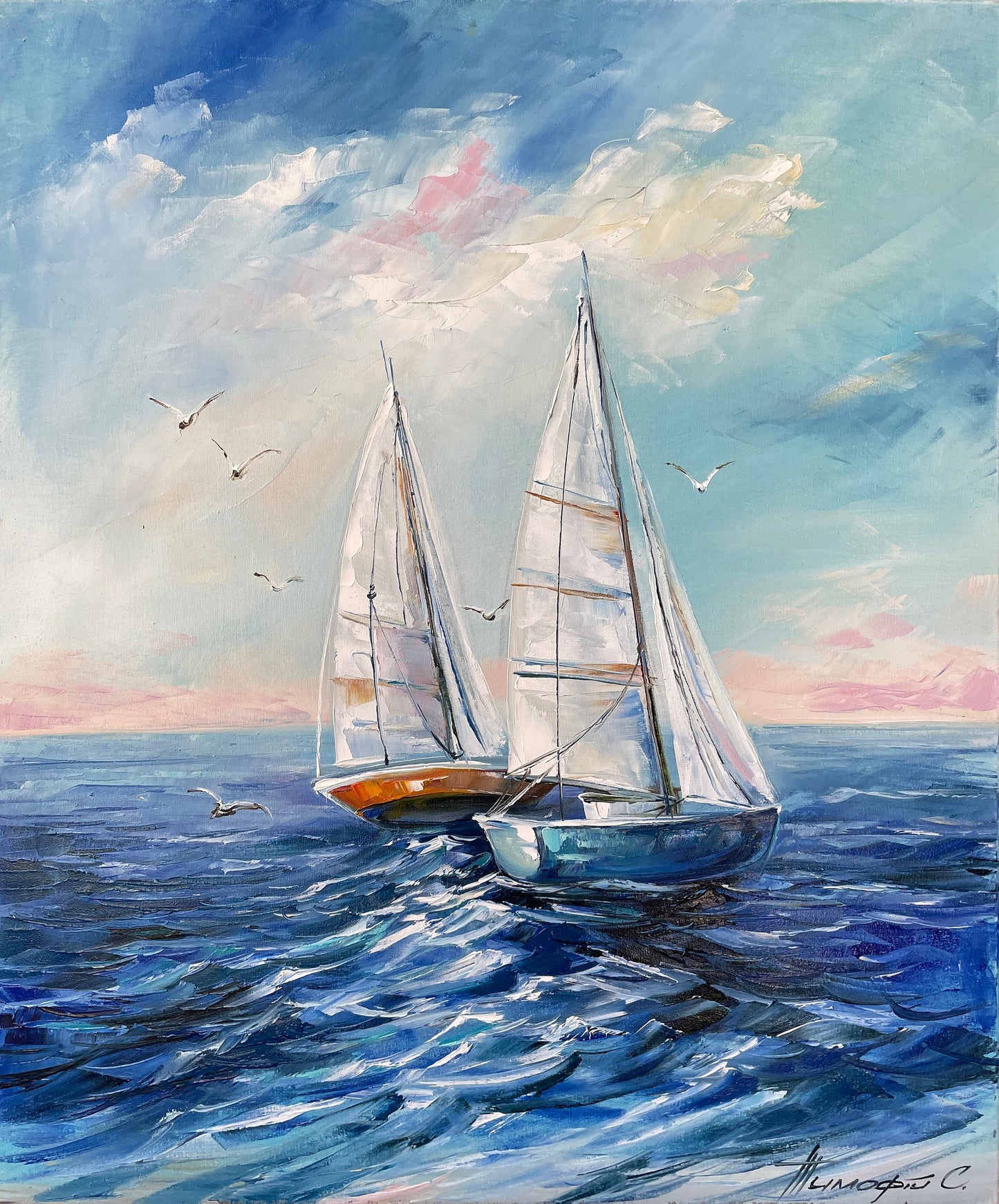 Sailboat Painting Blue Ocean Oil Painting on Canvas Original Ship Art Seascape White Blue Painting Nautical Painting Sailing Boat Wall Art