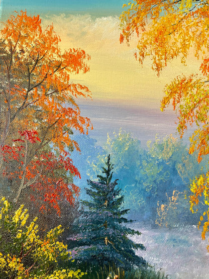 Fall Countryside Oil Painting, Beautiful Scenery Forest Lake Art, Bob Ross Painting Trees on Canvas, Large Autumn Framed Wall Art