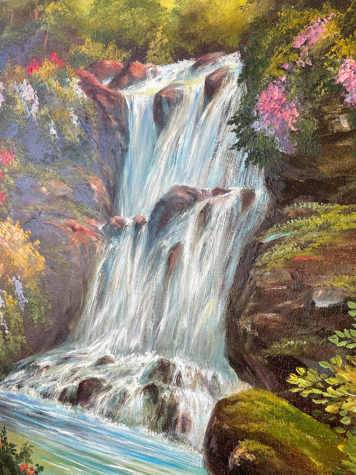 Tropical Waterfall Original Painting on Canvas Landscape Wall Art 100% Hand Painted Oil Painting Framed Forest Art Decor Paradise Painting