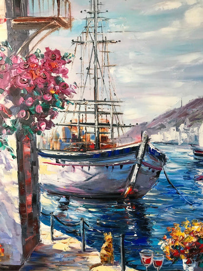 Mediterranean Cafe Oil Painting on Canvas, Extra Large Seascape Canvas Wall Art, Greece artwork