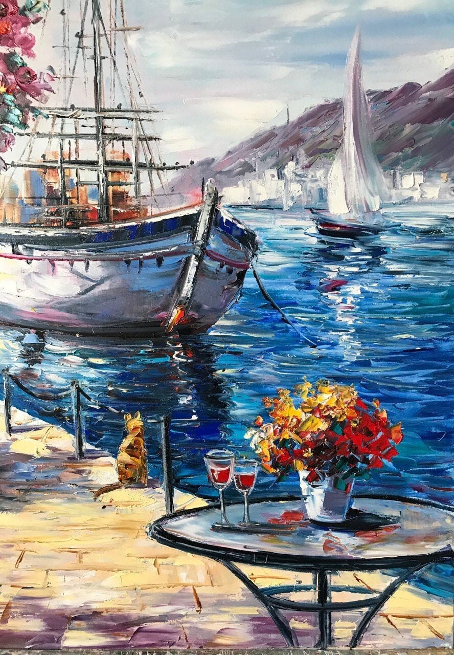 Mediterranean Cafe Oil Painting on Canvas, Extra Large Seascape Canvas Wall Art, Greece artwork