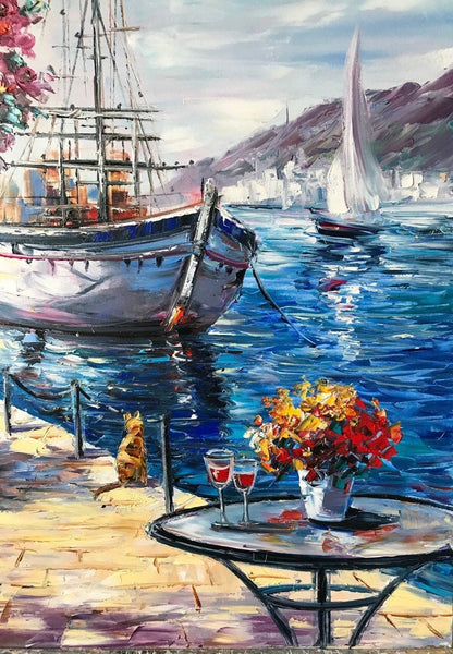 Mediterranean Cafe Oil Painting on Canvas, Extra Large Seascape Canvas Wall Art, Greece artwork