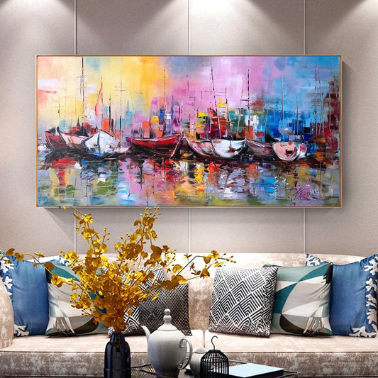 Large Sailboats at Sunset Oil Painting on Canvas, Long Horizontal Wall Art, Colorful Yacht Wall Decor, Sailing Boat Oil Painting 30x60