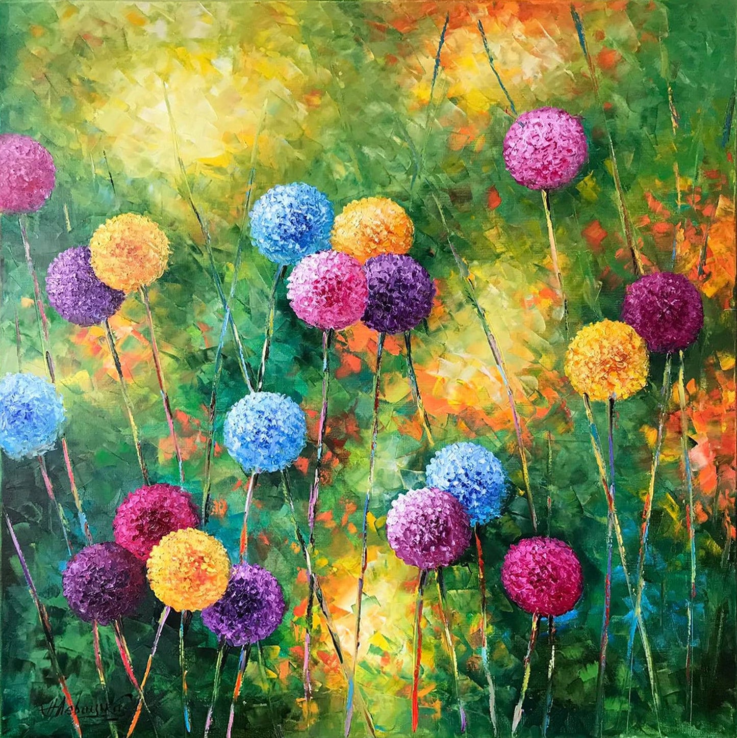 Dandelion Flowers Oil Painting Extra Large Wall Art Wildflowers Painting Master Bedroom Decor Grass Painting Field of Flowers Big Painting