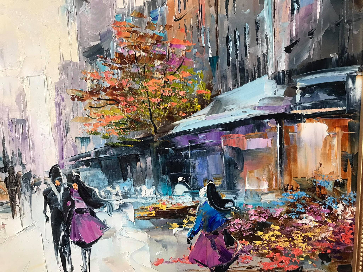 Romantic Oil Painting Original Paris Flower Market Art Couple Walking Together Painting on Canvas French Cafe Artwork