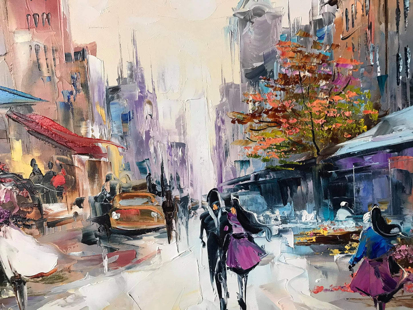 Romantic Oil Painting Original Paris Flower Market Art Couple Walking Together Painting on Canvas French Cafe Artwork