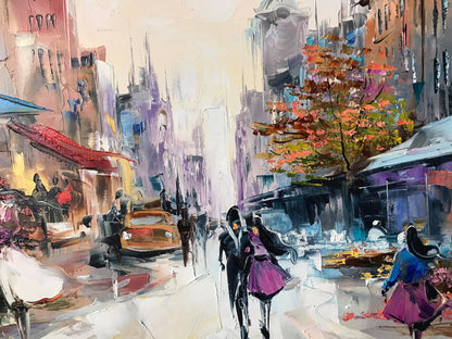 Romantic Oil Painting Original Paris Flower Market Art Couple Walking Together Painting on Canvas French Cafe Artwork