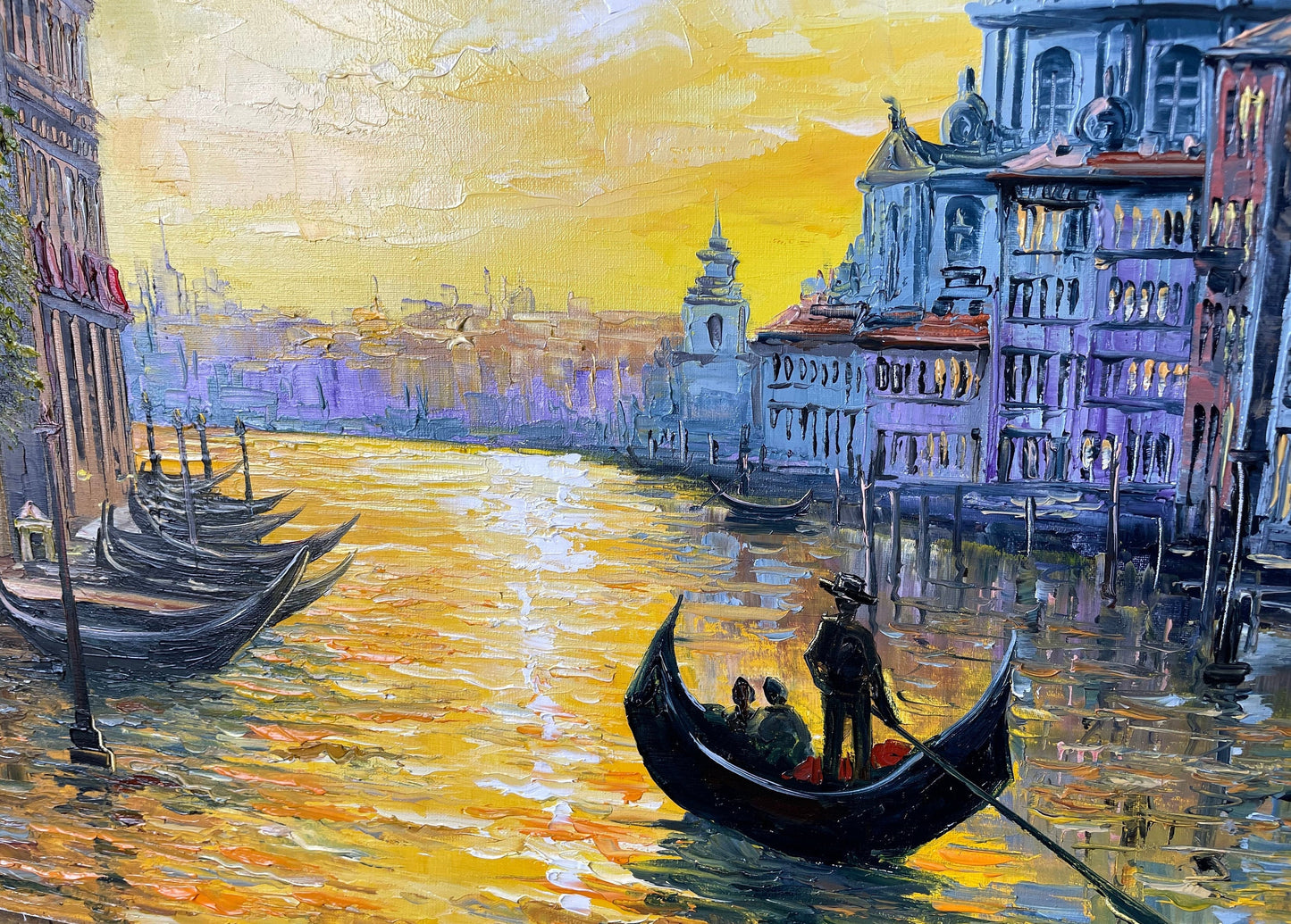 Venice Painting on Canvas Gold Sunset Oil Painting Italy Wall Art Grand Canal Painting Italian Travel Gift Framed Paintings of Venice Italy