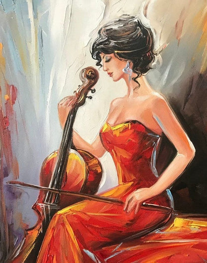 Cellist Oil Painting Original Girl Playing Cello Art Woman in Red Dress Painting Violinist Gifts Music Violin Artwork Musician Wall Art