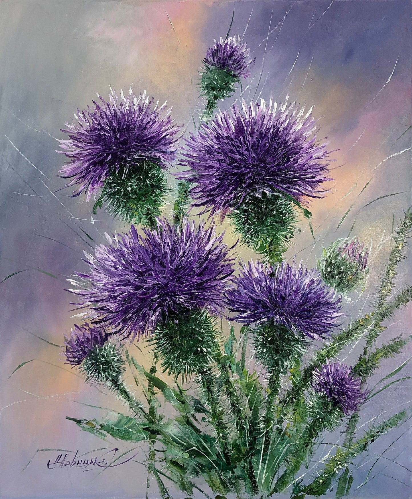 Thistle oil painting Original floral art Botanical painting Wildflower art Plant artwork Thistle wall art Purple flowers painting on canvas