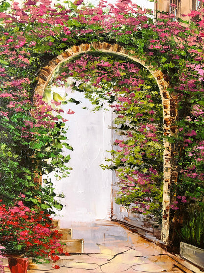Italian Street Oil Painting | Original Mediterranean Villa Wall Art | Tuscany Italy Painting on Canvas | Large Italian Garden Artwork