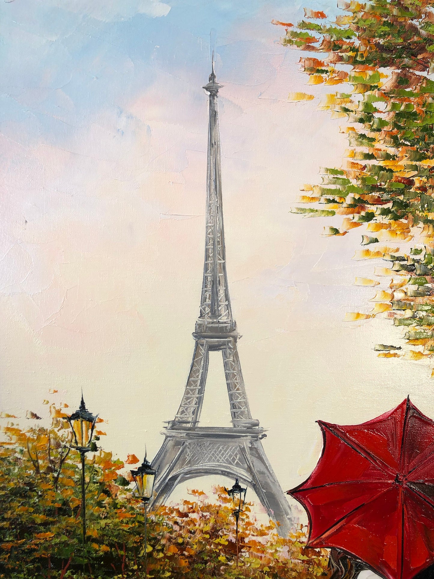 Couple Kissing Under Red Umbrella Painting Romantic Wall Art for Bedroom Lovers Painting Romance Artwork Paris Scenery Autumn Oil Painting