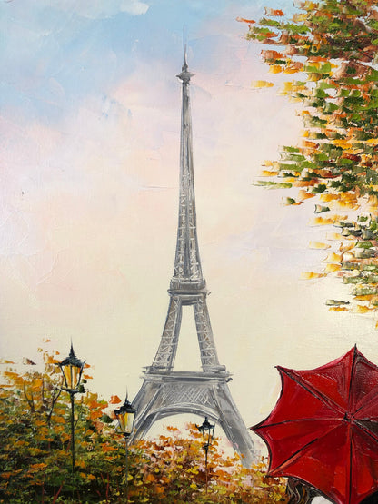 Couple Kissing Under Red Umbrella Painting Romantic Wall Art for Bedroom Lovers Painting Romance Artwork Paris Scenery Autumn Oil Painting