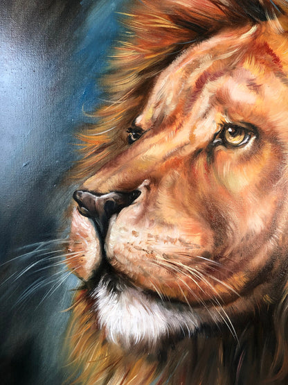 Lion Head Oil Painting On Canvas Abstract Animal Art Blue Brown Wall Art Brave Painting Lion Gift For Men Safari Decor Lion King Painting